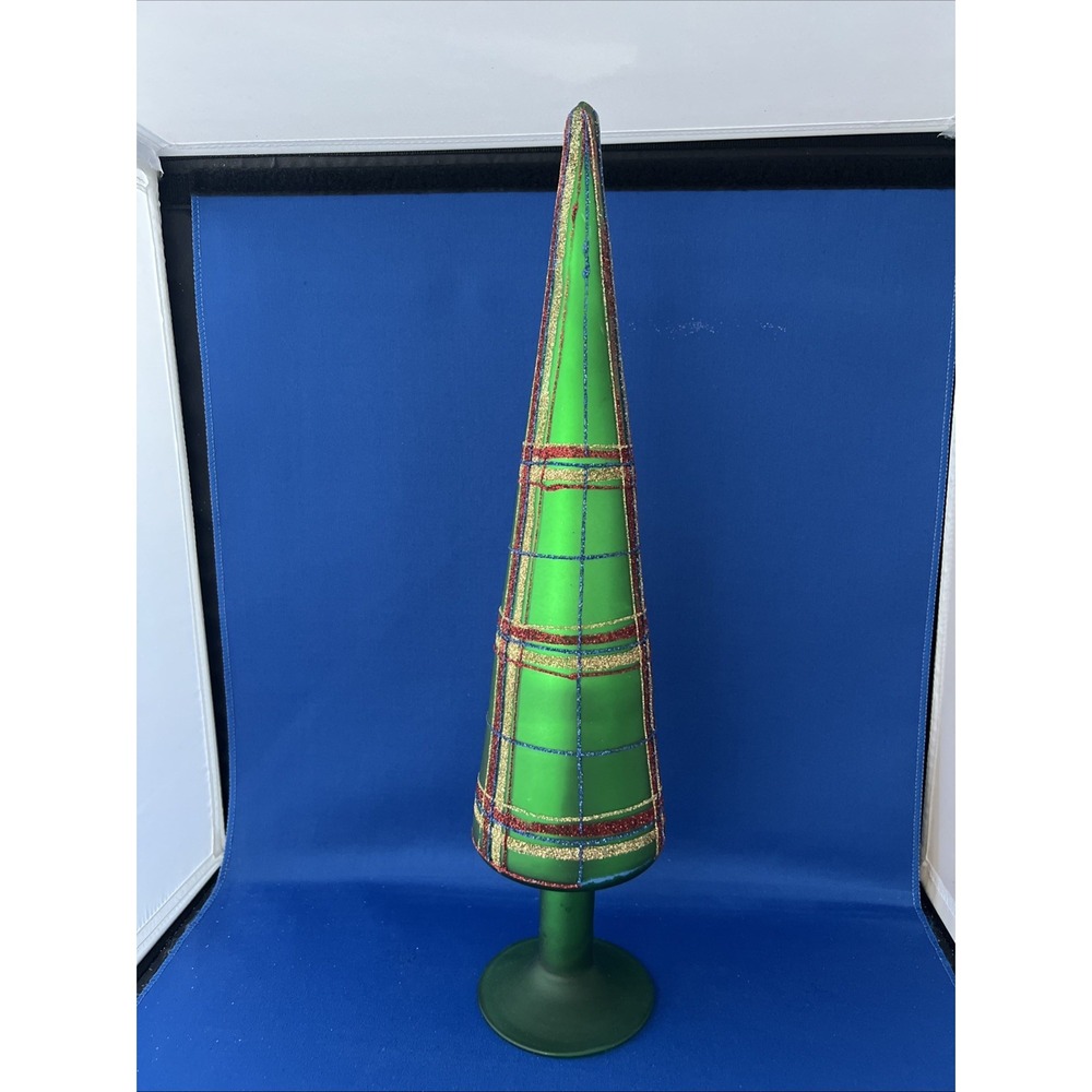 Feather Light Glass Glitter Finish Plaid Tree Green 15" Holiday Decor